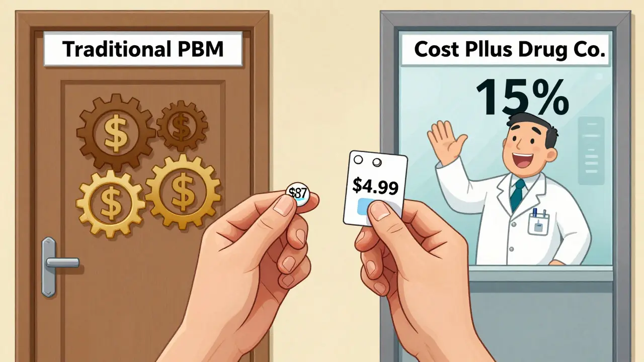 Patient holding two pills: one  with insurance, one .99 cash, between two contrasting pharmacy doors.