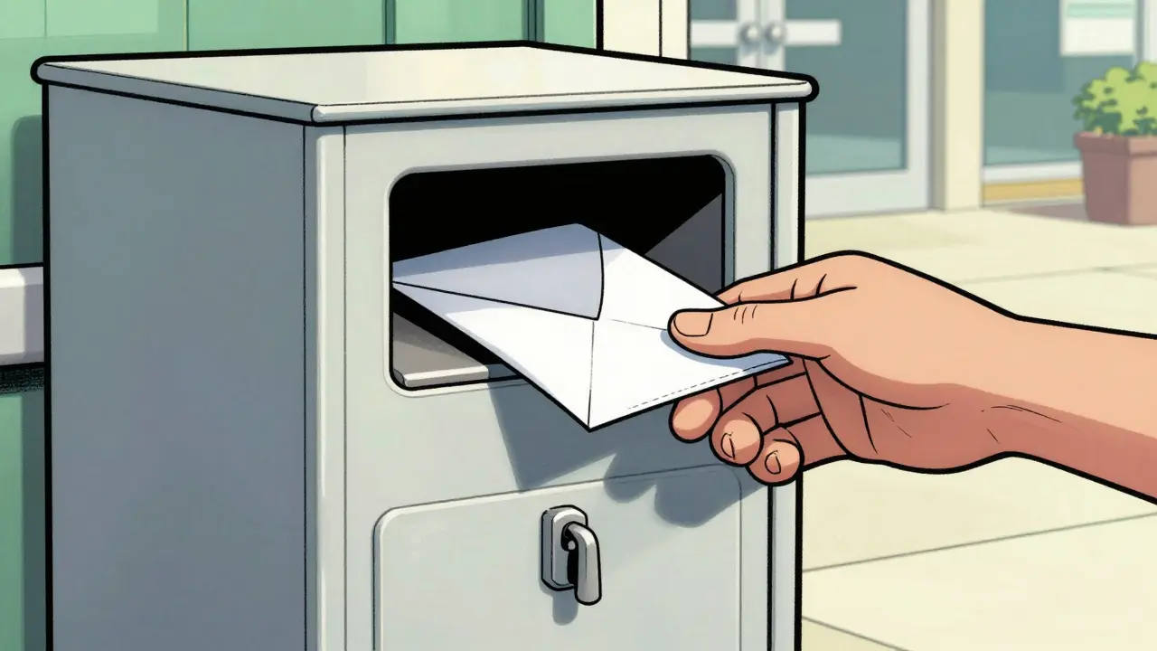 Person placing sealed envelope into secure medication drop-off box.
