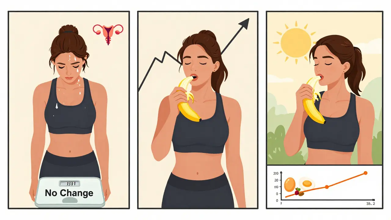 Three-panel comic: exhausted woman after workout, sugar spike eating banana alone, calm balance eating banana with protein.