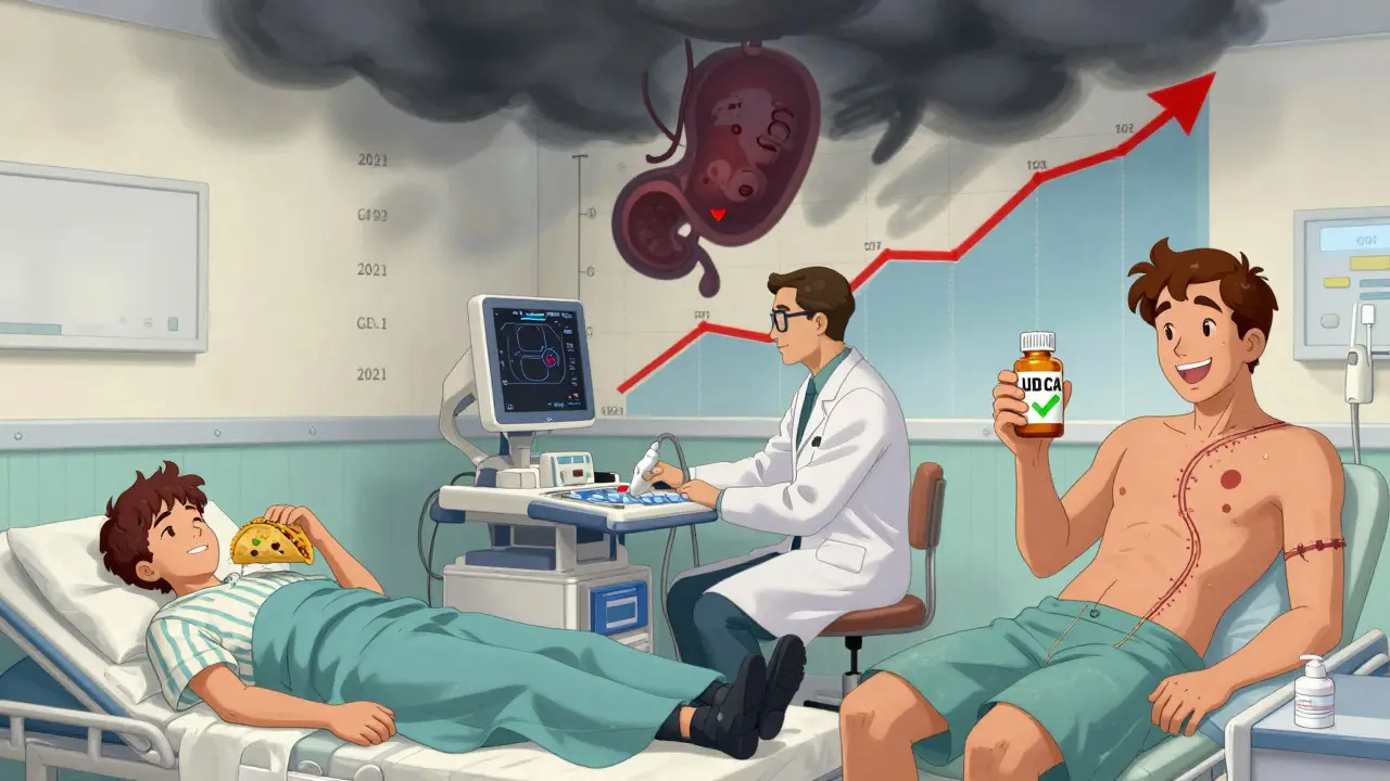 Three patients at different stages of gallbladder crisis: ER visit, surgery, and recovery with new medication.