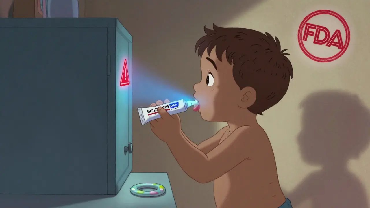 Toddler licking benzocaine gel as lips turn blue, with chilled teething ring nearby.