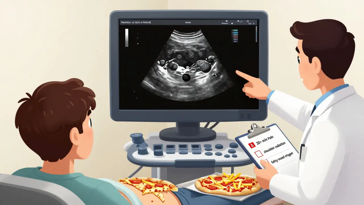 Ultrasound showing gallstones in gallbladder, with red flag symptoms labeled nearby and fatty foods on the floor.