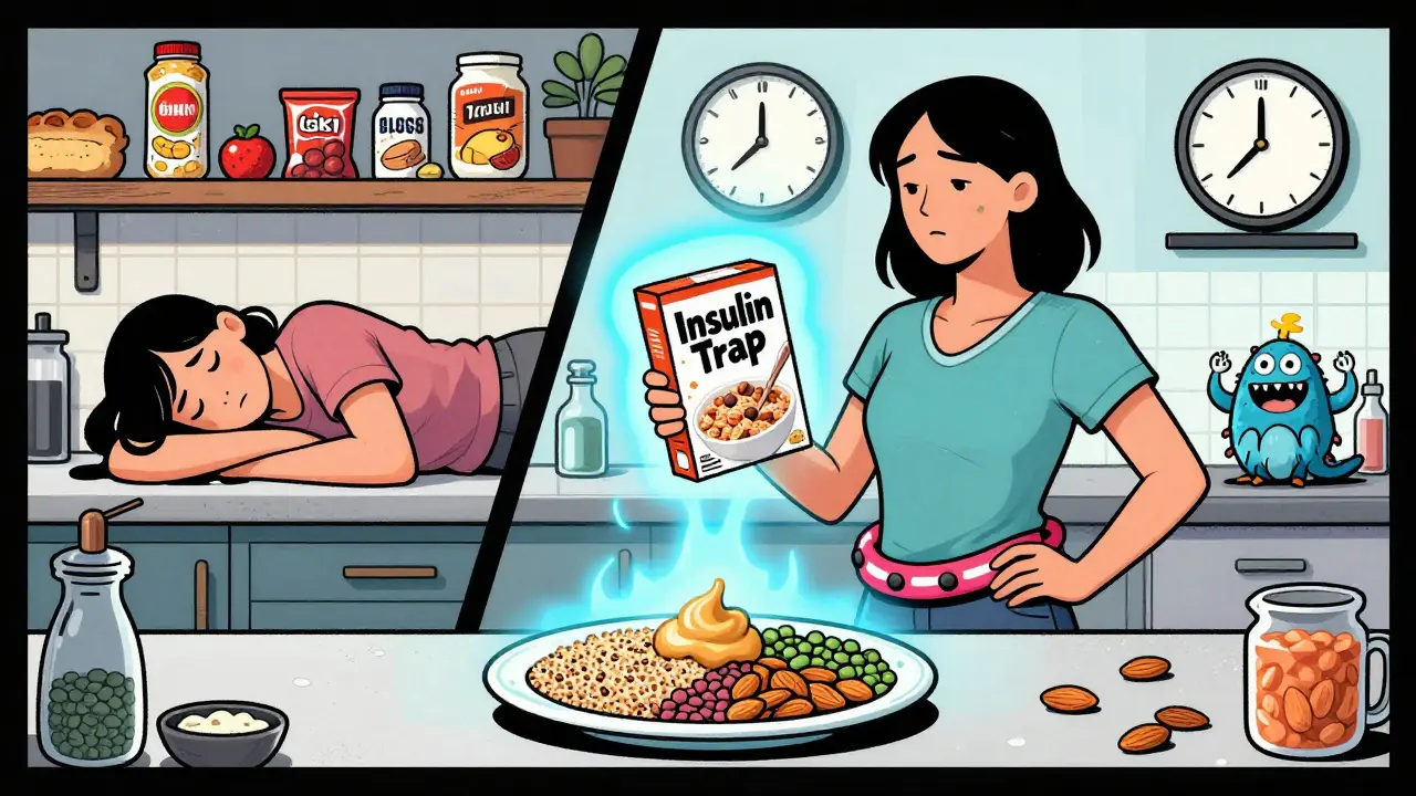 Woman at counter with sugary cereal box and insulin monster wrapping her waist, healthy meal glowing in contrast.