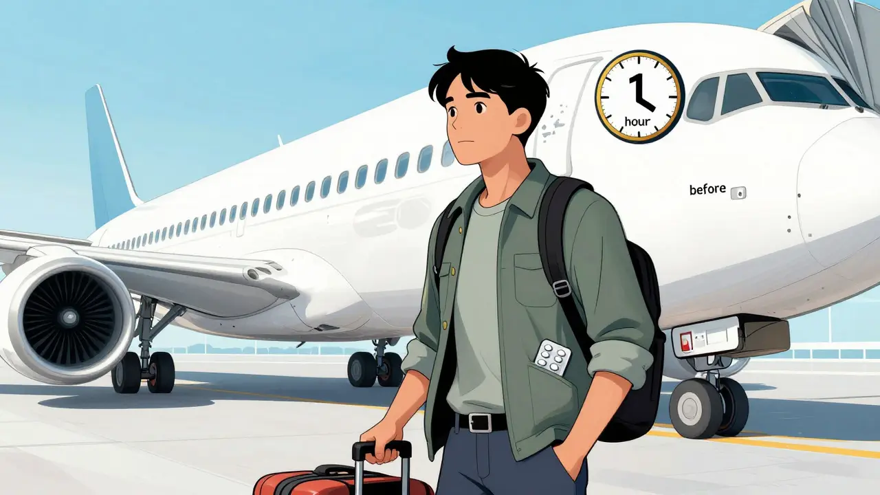 A calm traveler boarding a plane, having taken medication an hour before flight.