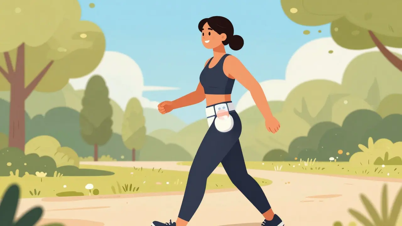 A happy person walking in a park, symbolizing recovery and freedom after IBD surgery.