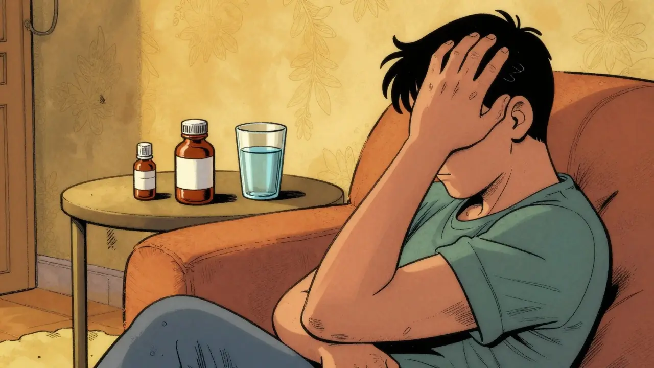 A person feeling calm and relieved at home with their medication.