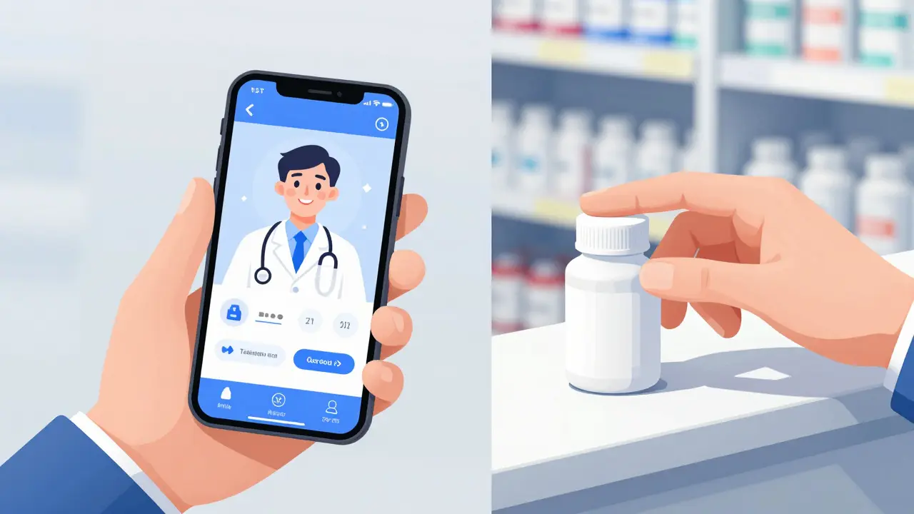 A split screen showing a telehealth doctor visit and a pharmacy medication pickup.