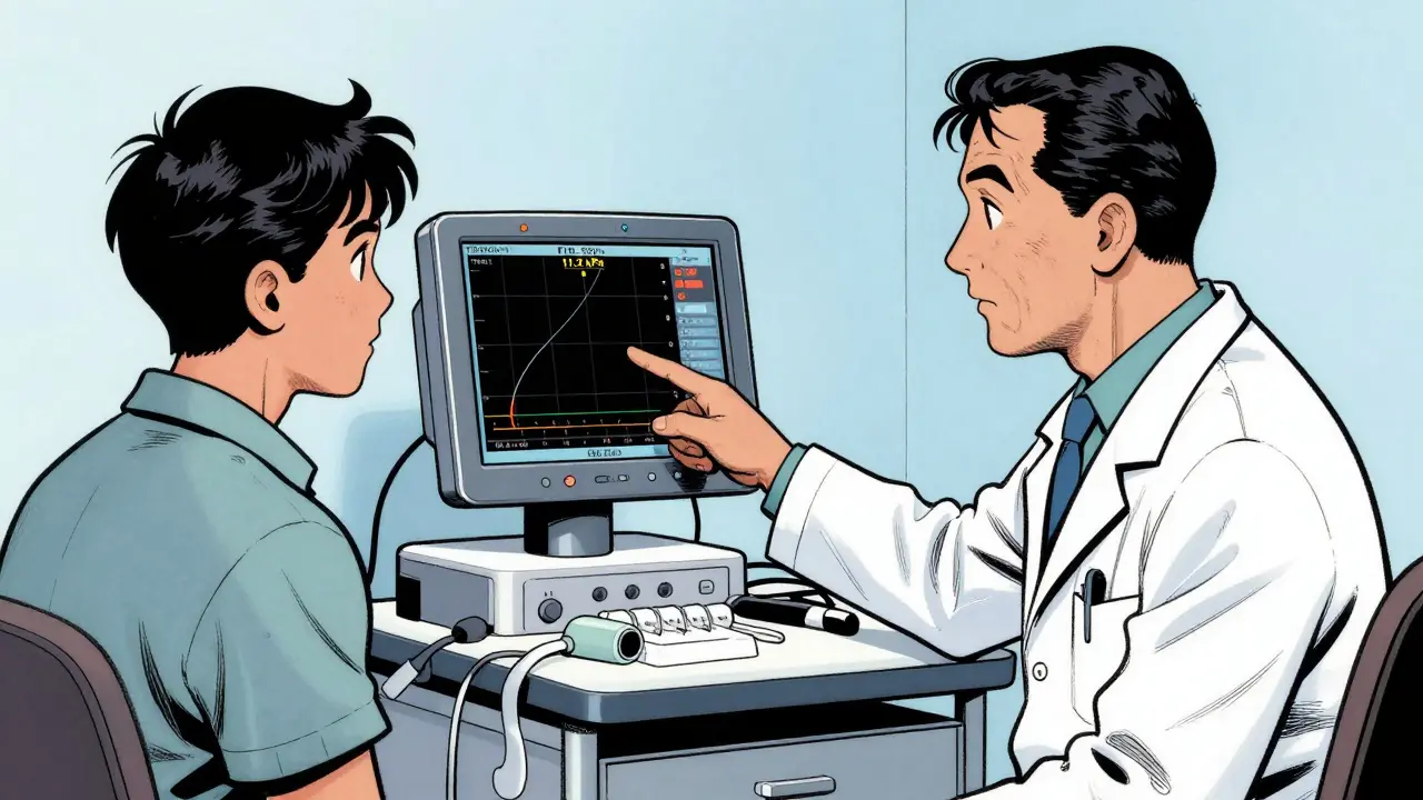 Bande dessinée style doctor explaining liver stiffness and FIB-4 scores to a patient.