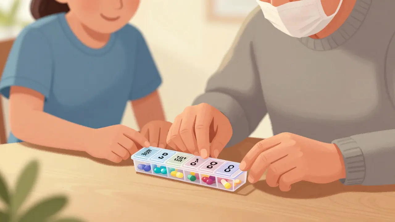 Caregiver helping an older adult fill a weekly pill organizer