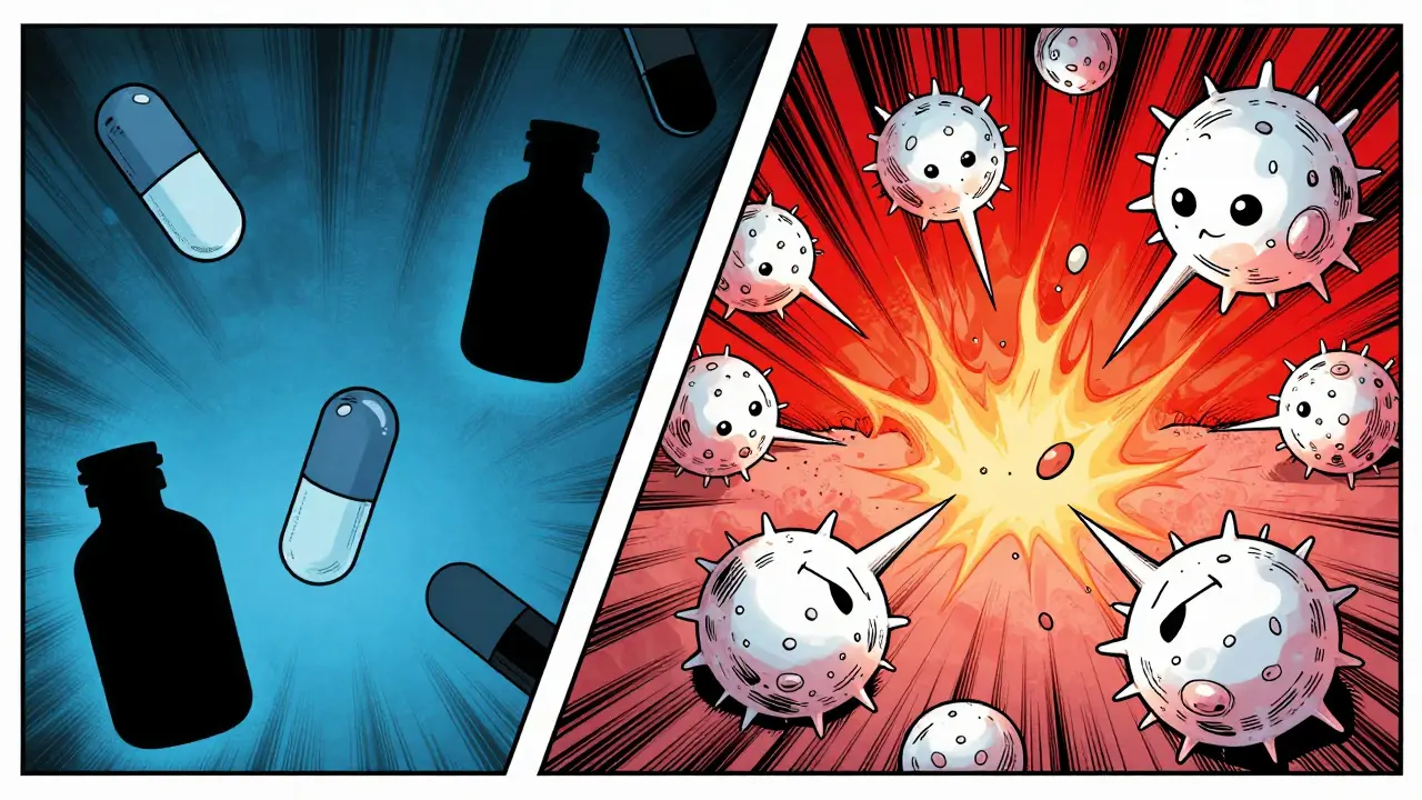 Comic art of immune cells attacking skin after drug exposure.