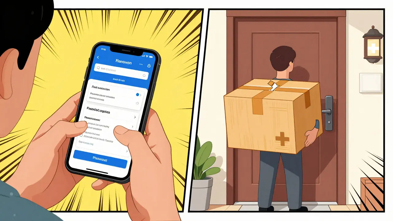 Comic illustration of someone using a coupon app and receiving a home delivery.