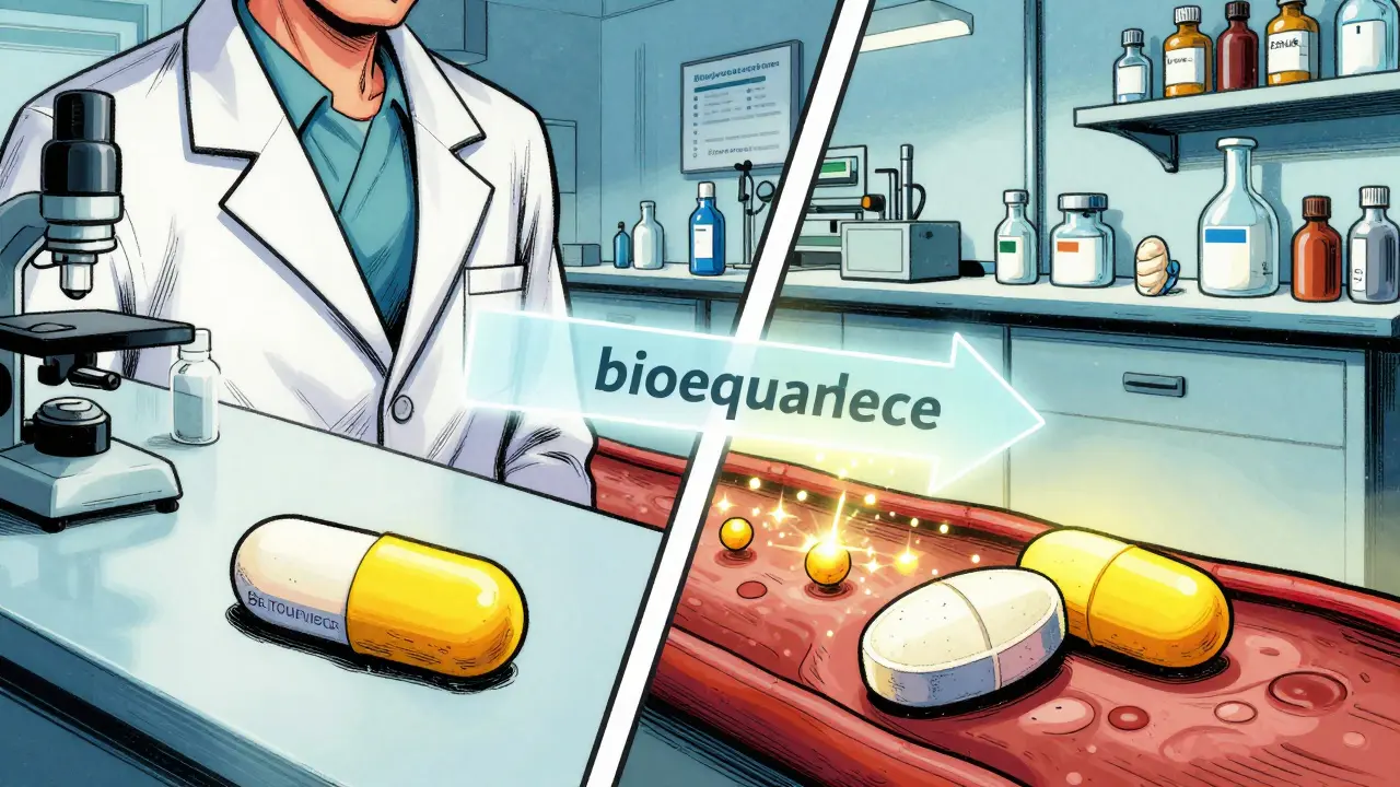Comparison of brand and generic pills showing identical active ingredients flowing into blood