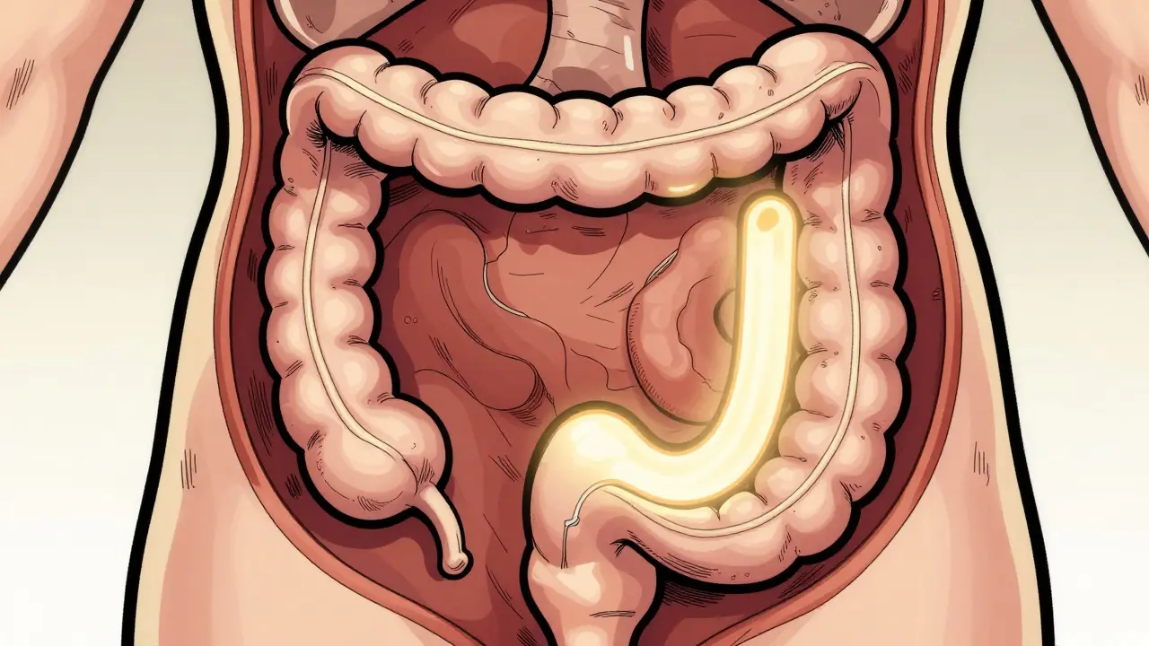 Conceptual illustration of a J-pouch surgical reconstruction in the abdomen.