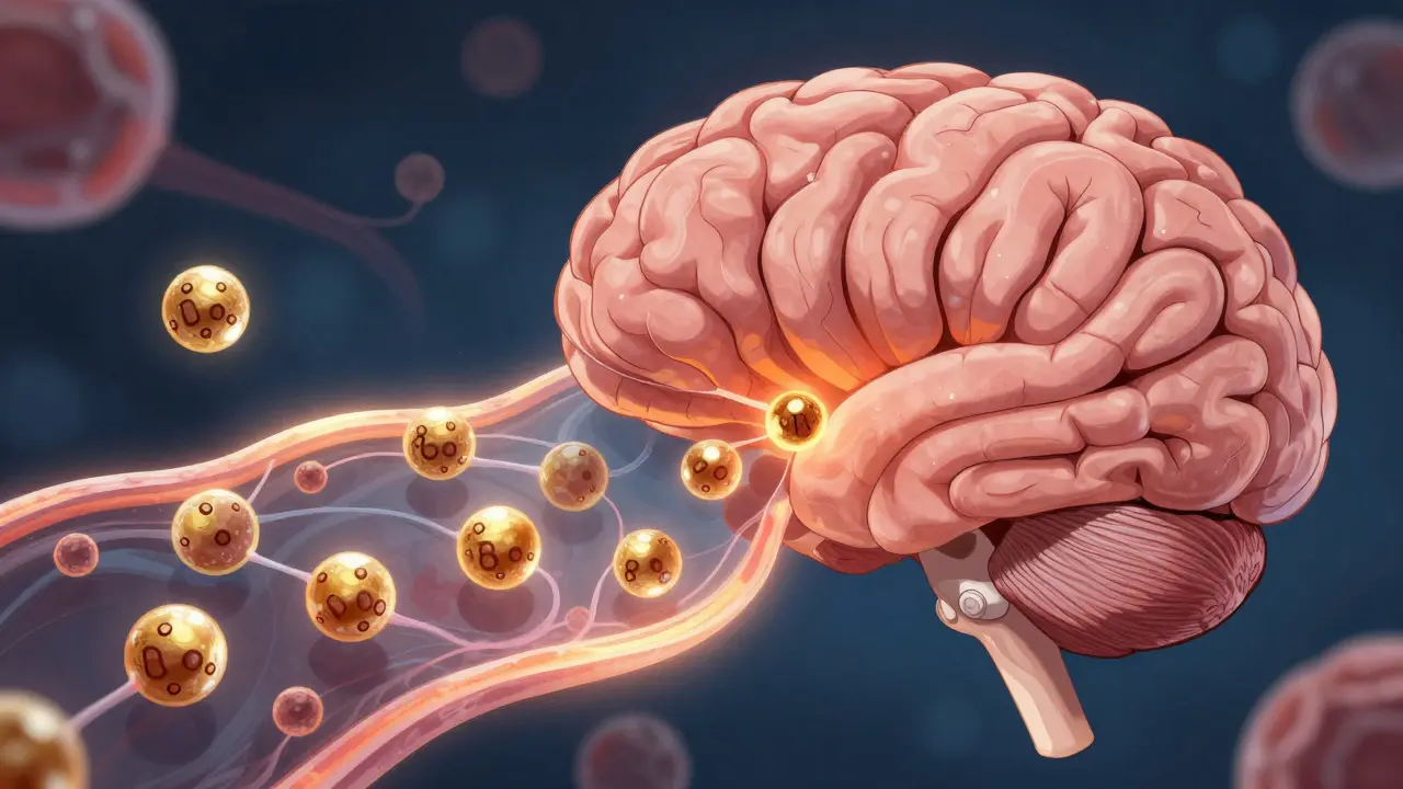 Conceptual view of iron molecules crossing the blood-brain barrier in the brain