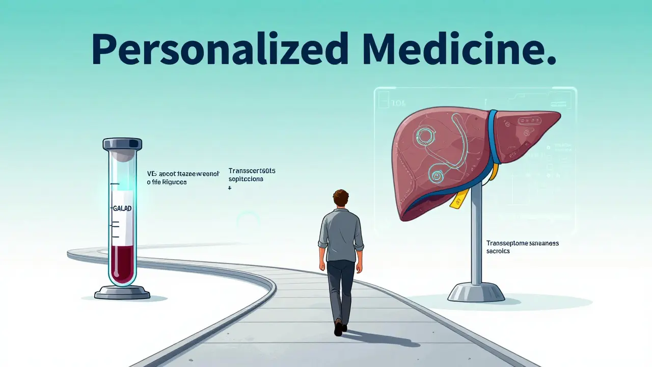 Illustration of the future of liver surveillance with biomarkers and digital liver mapping.