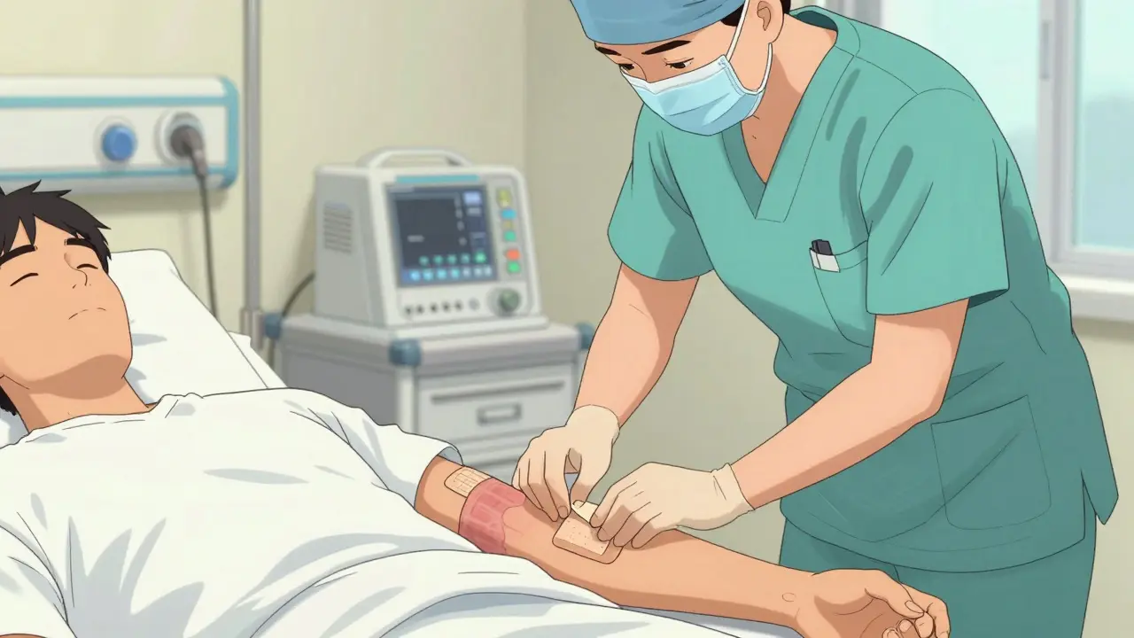 Nurse applying bandage to patient in hospital comic illustration.