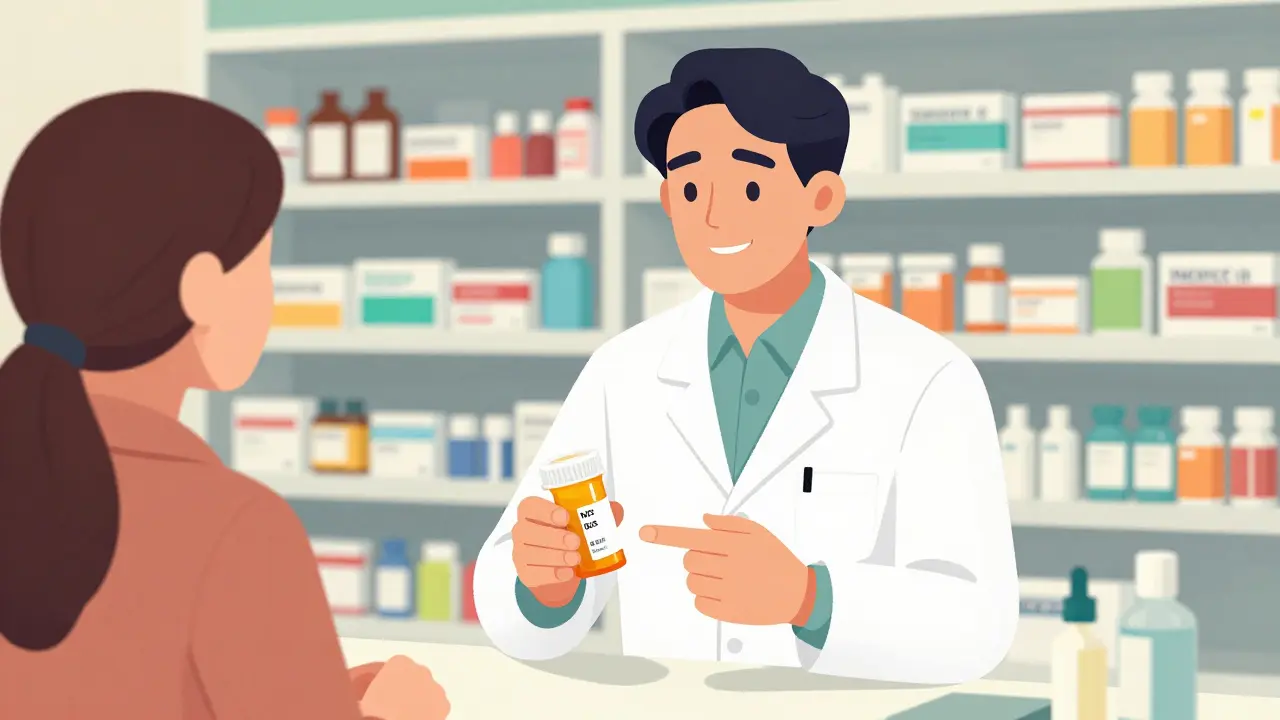 Pharmacist explaining the NDC code and pill imprint to a patient at a pharmacy counter