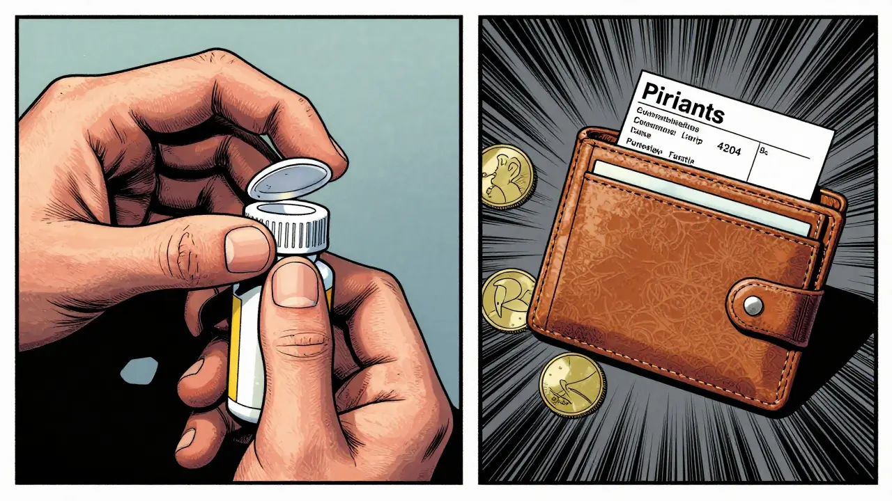 Split scene showing a hand struggling with a pill bottle and a near-empty wallet
