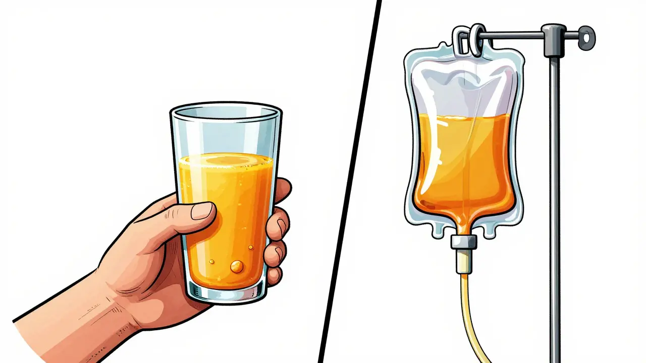 Split screen showing oral iron supplements with orange juice and an IV iron infusion